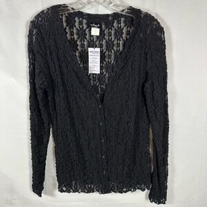 didi Black Stretch Long Sleeve Lace Button Down V-neck Top Shirt L NWT